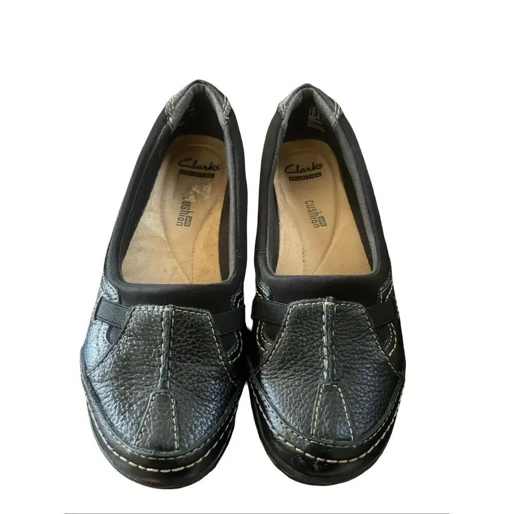 Clarks Womens Black Evianna Fuse Soft Cushion Leather Slip On Loafer Flat Size 6